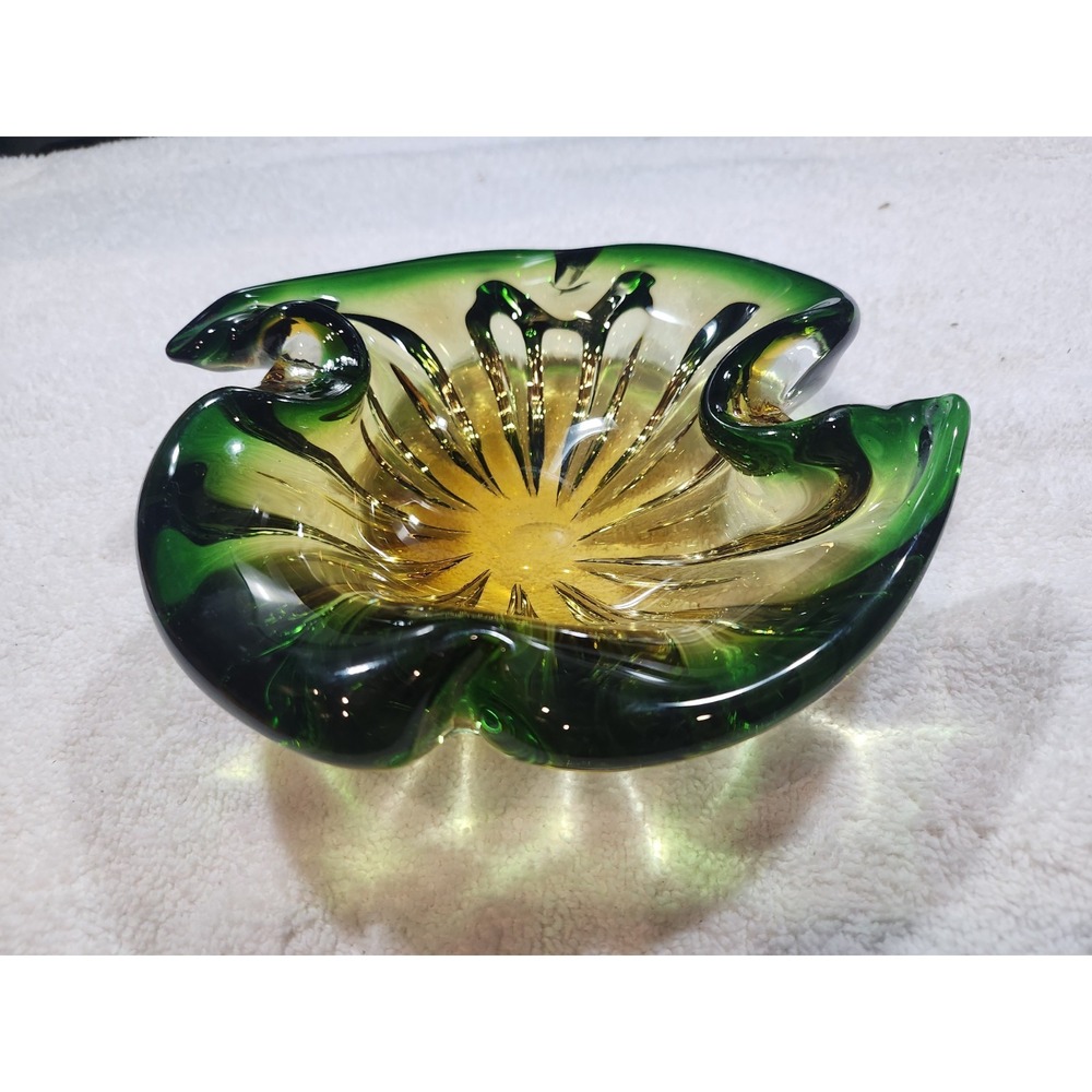 Vintage~Murano Glass~Bowl with Curved Pinched Edges~Green &Yellow~6.75" Diameter